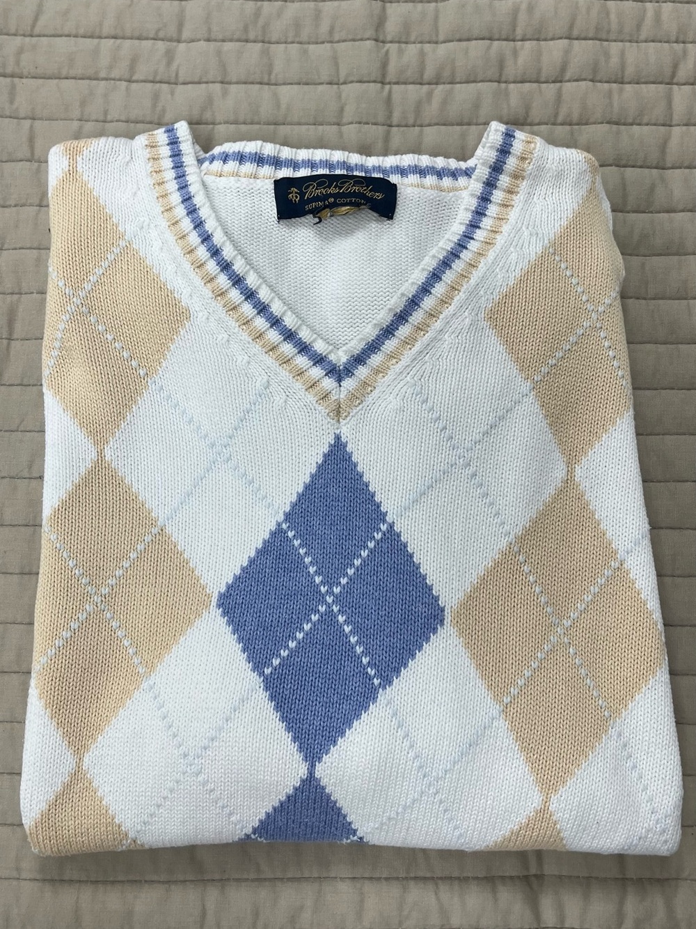 Vintage Brooks Brothers Argyle Supima Cotton Sweater -white, tan and blue size M